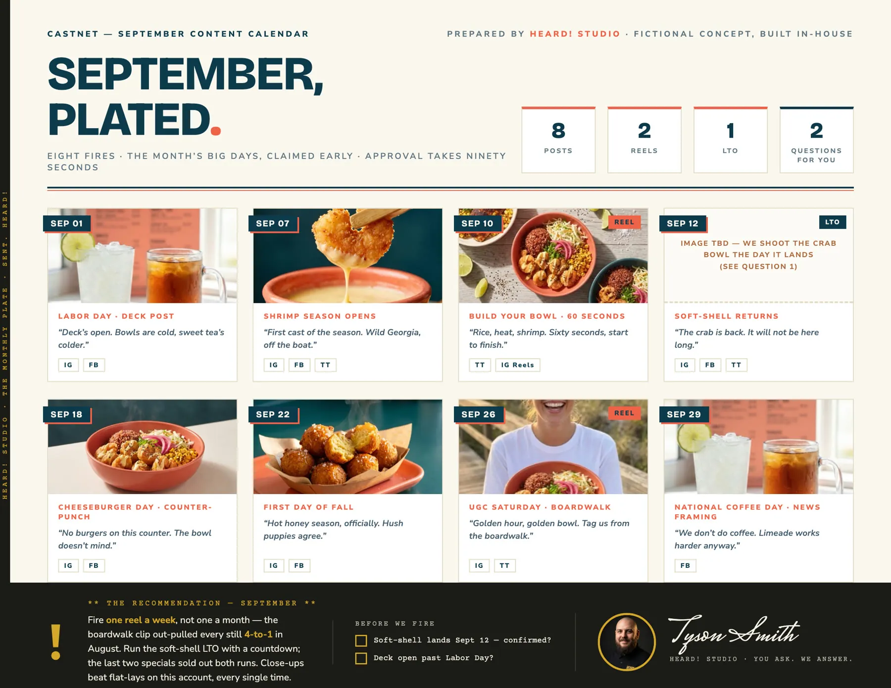 Heard! Studio monthly content calendar for Castnet — September plan in the client's own brand