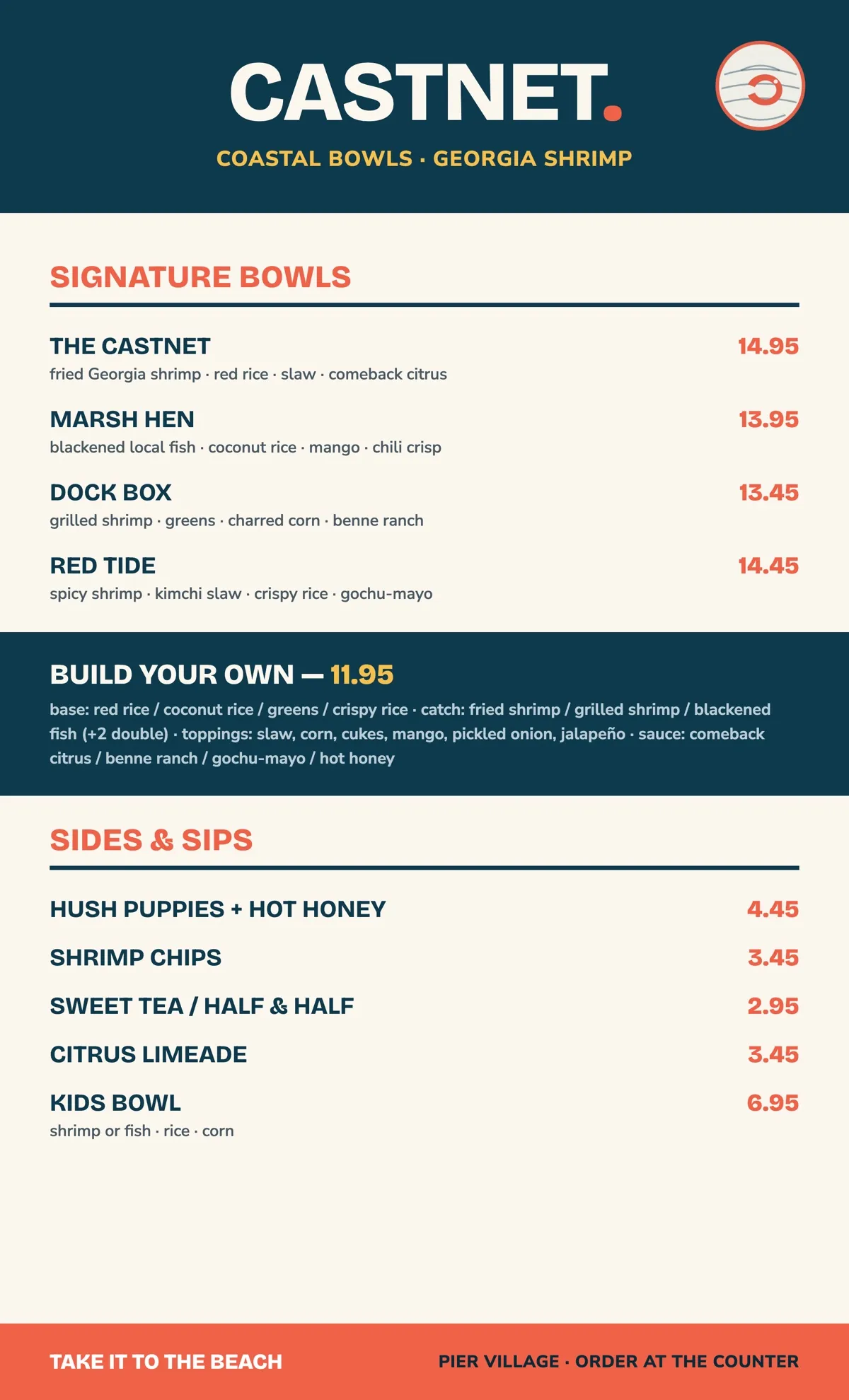 The Castnet takeout menu flat artwork: teal header with roundel, coral section heads, full priced menu