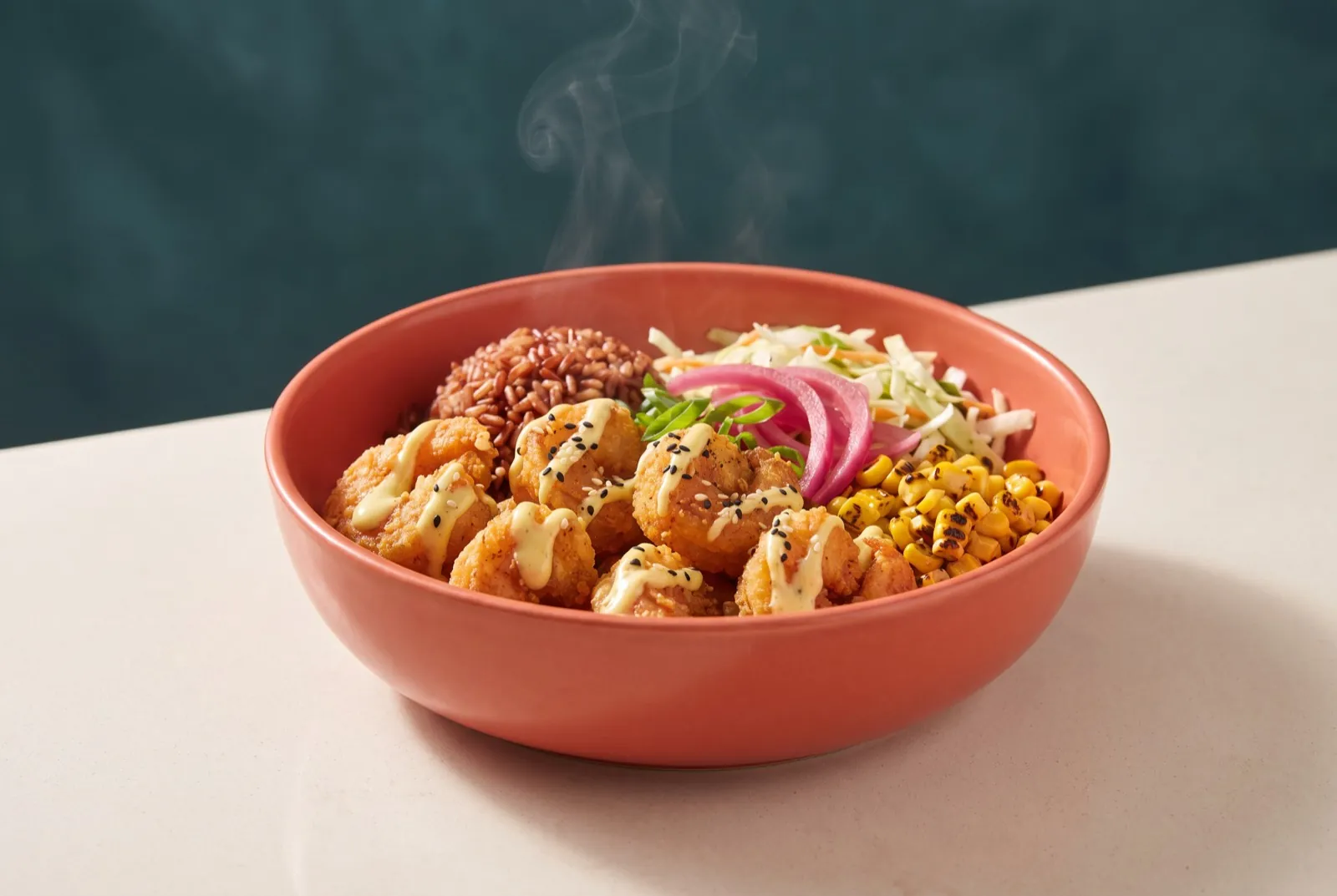 Steaming coral bowl of crispy shrimp, red rice, corn, and pickled onion