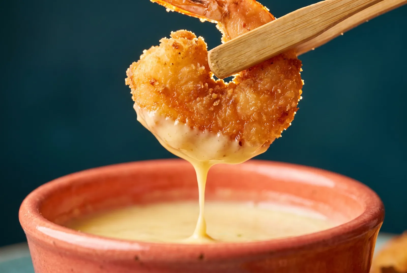 Fried shrimp lifted with bamboo tongs, sauce dripping
