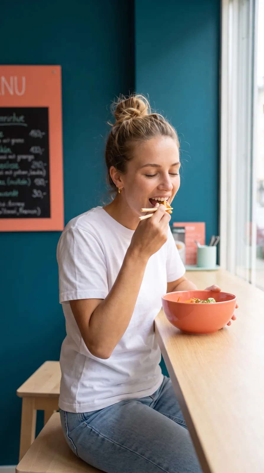 Customer taking the first bite at the counter, story format