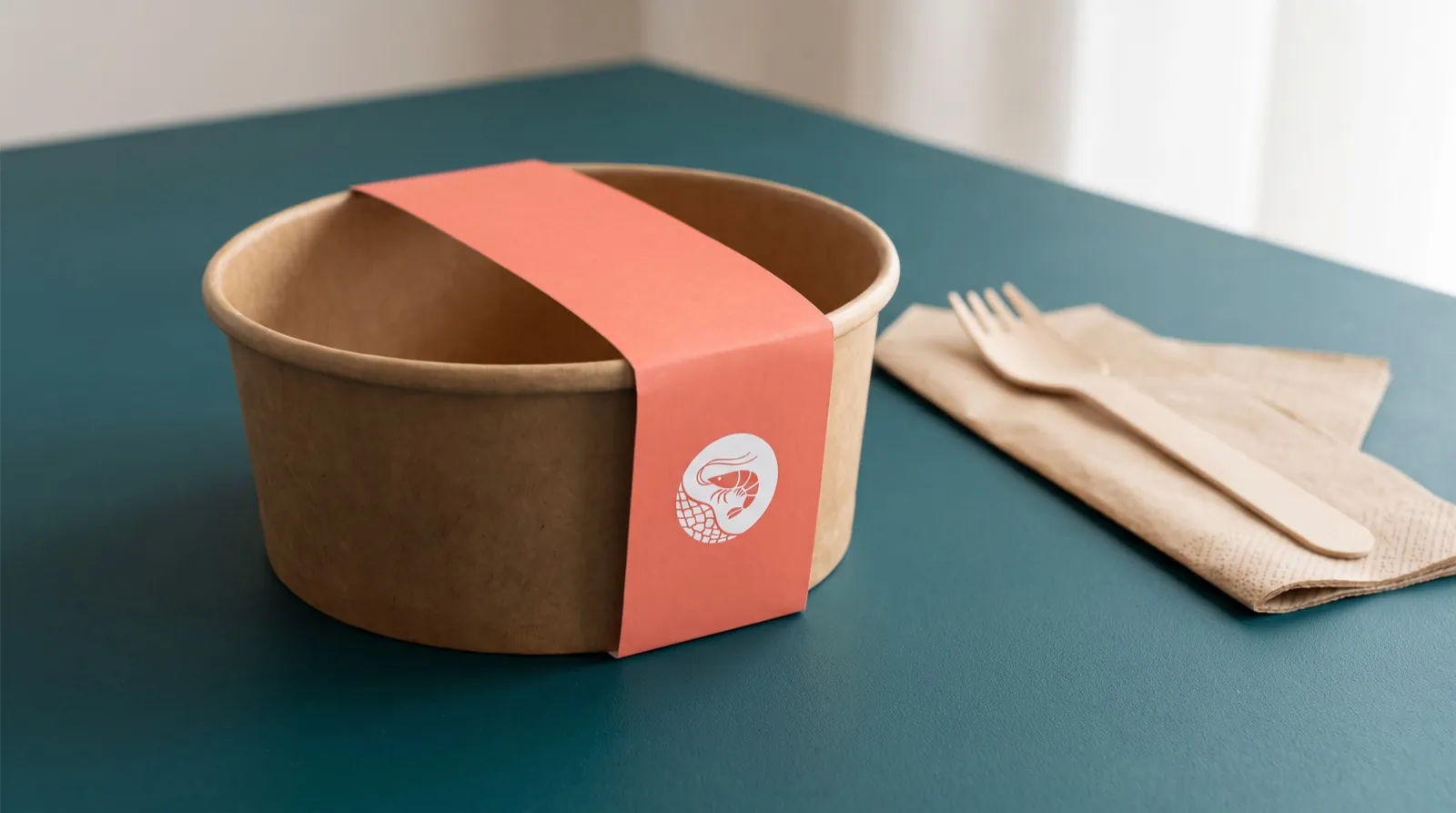 Kraft takeout bowl with coral band and shrimp roundel logo, wooden fork and napkin