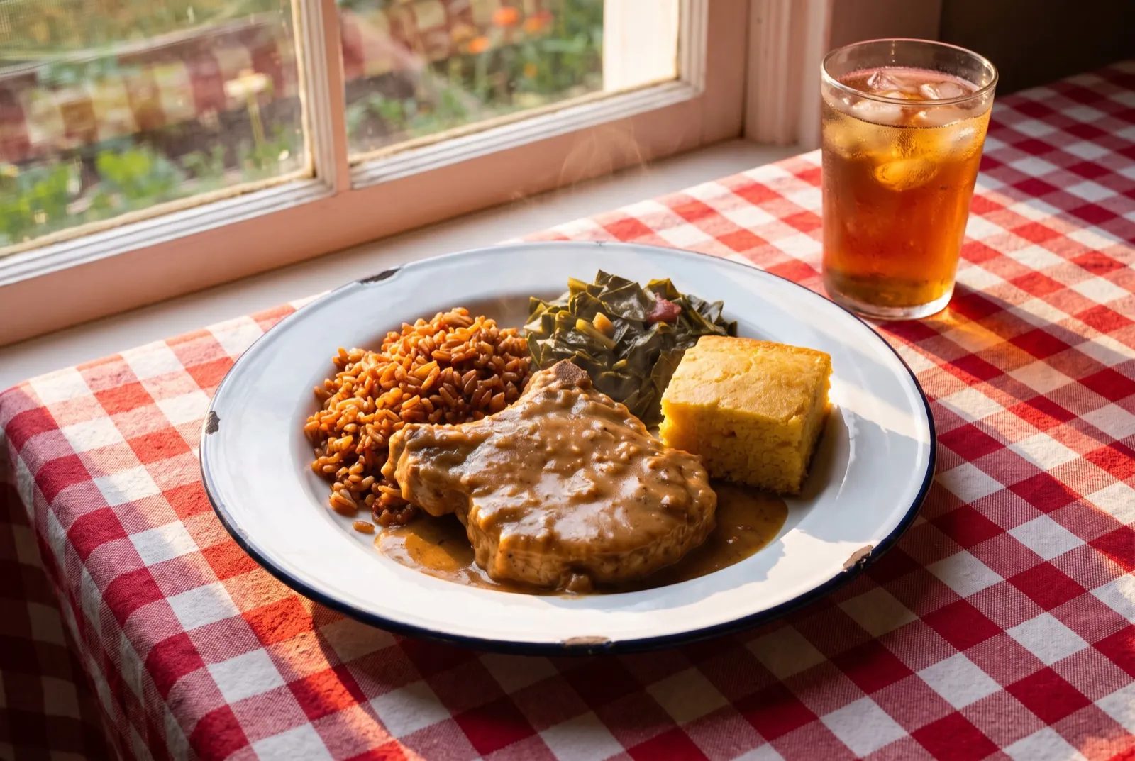 The blue plate: smothered pork chop, red rice, collards and cornbread on gingham by the window with sweet tea