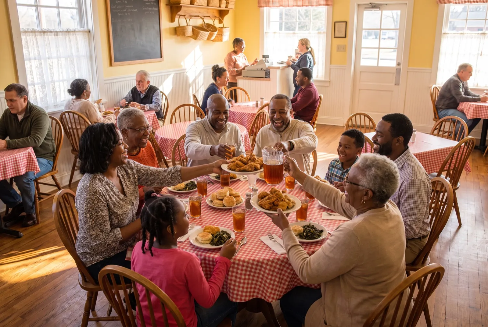Multigenerational family at lunch in the butter-yellow dining room