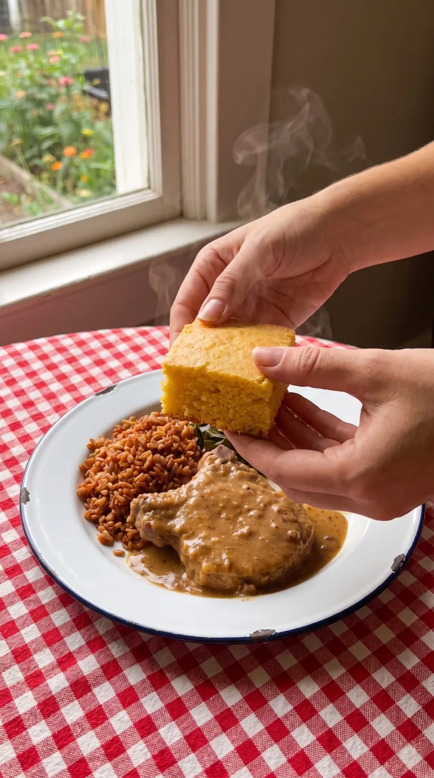 Hands lifting a cornbread square, steam rising, story format