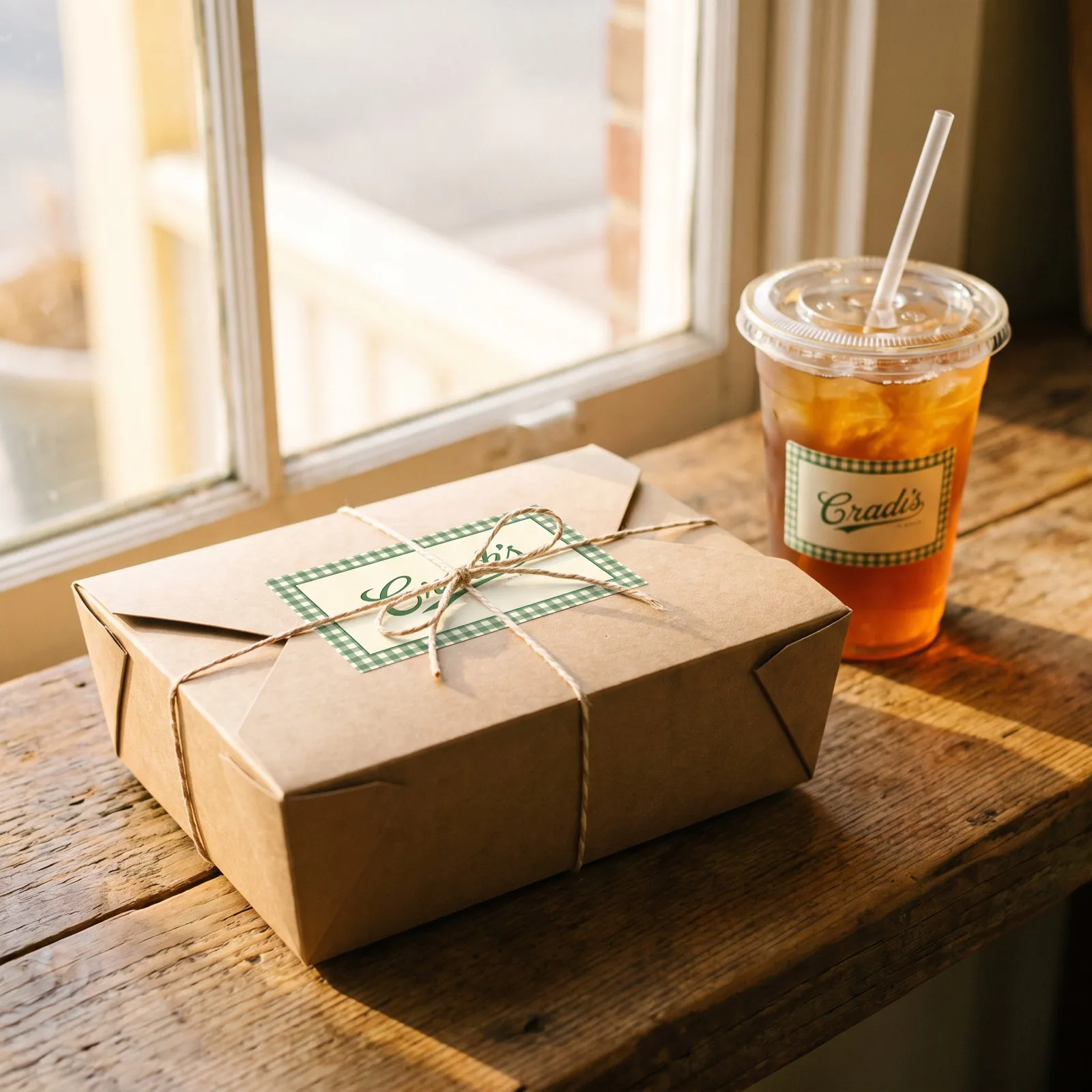 Kraft to-go box tied with twine, cream label with green script logo