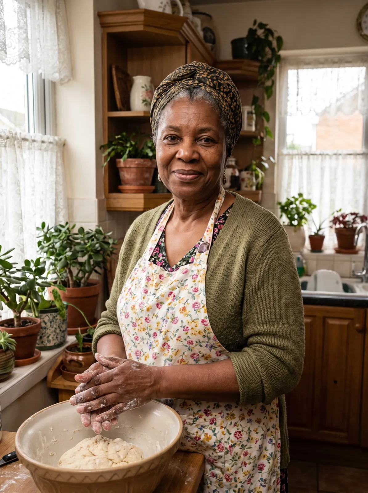 Portrait of Miss Della in her floral apron, flour on her hands