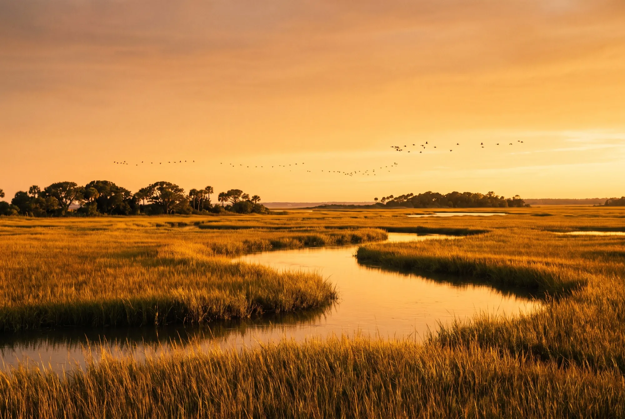 Golden Isles salt marsh at golden hour, a tidal creek winding through miles of gold spartina grass