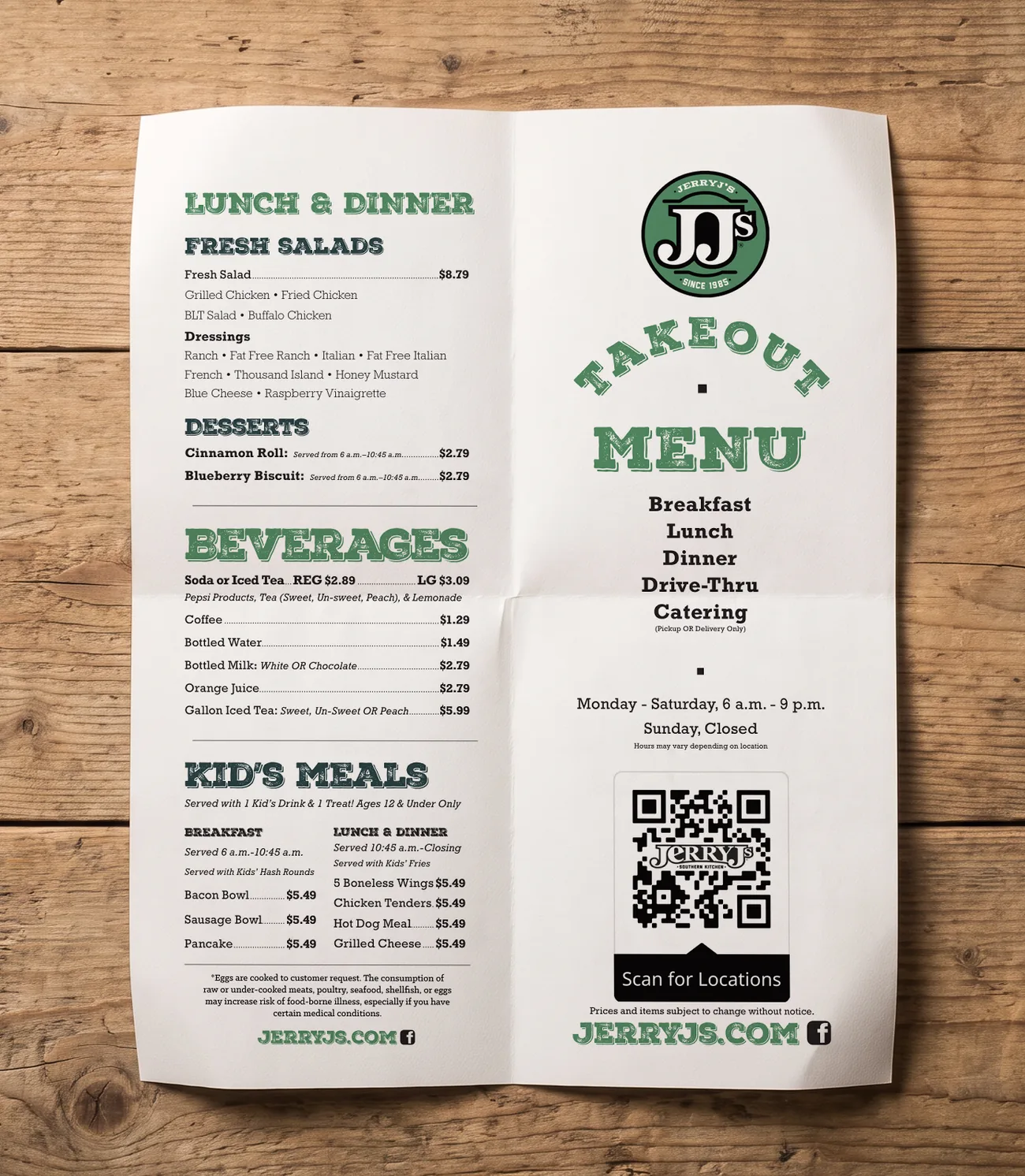 Jerry J's takeout menu, printed and creased, on a wood table