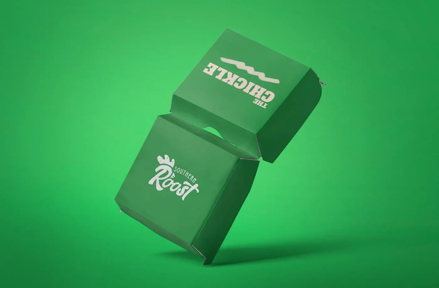 Southern Roost Chickle sandwich box mockup, black box on green