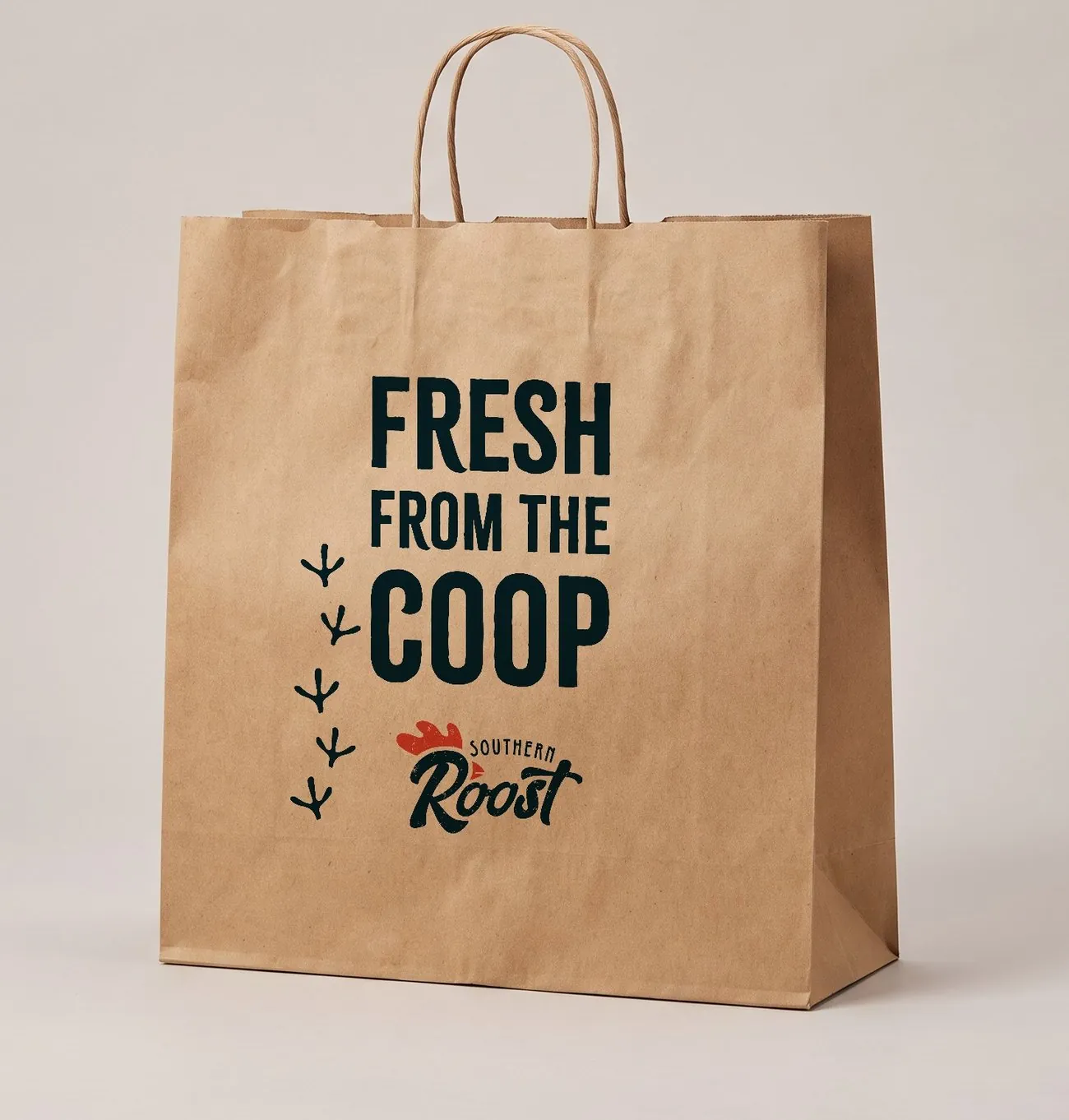 Fresh From The Coop printed on a natural kraft twist-handle bag — Southern Roost takeout bag mockup