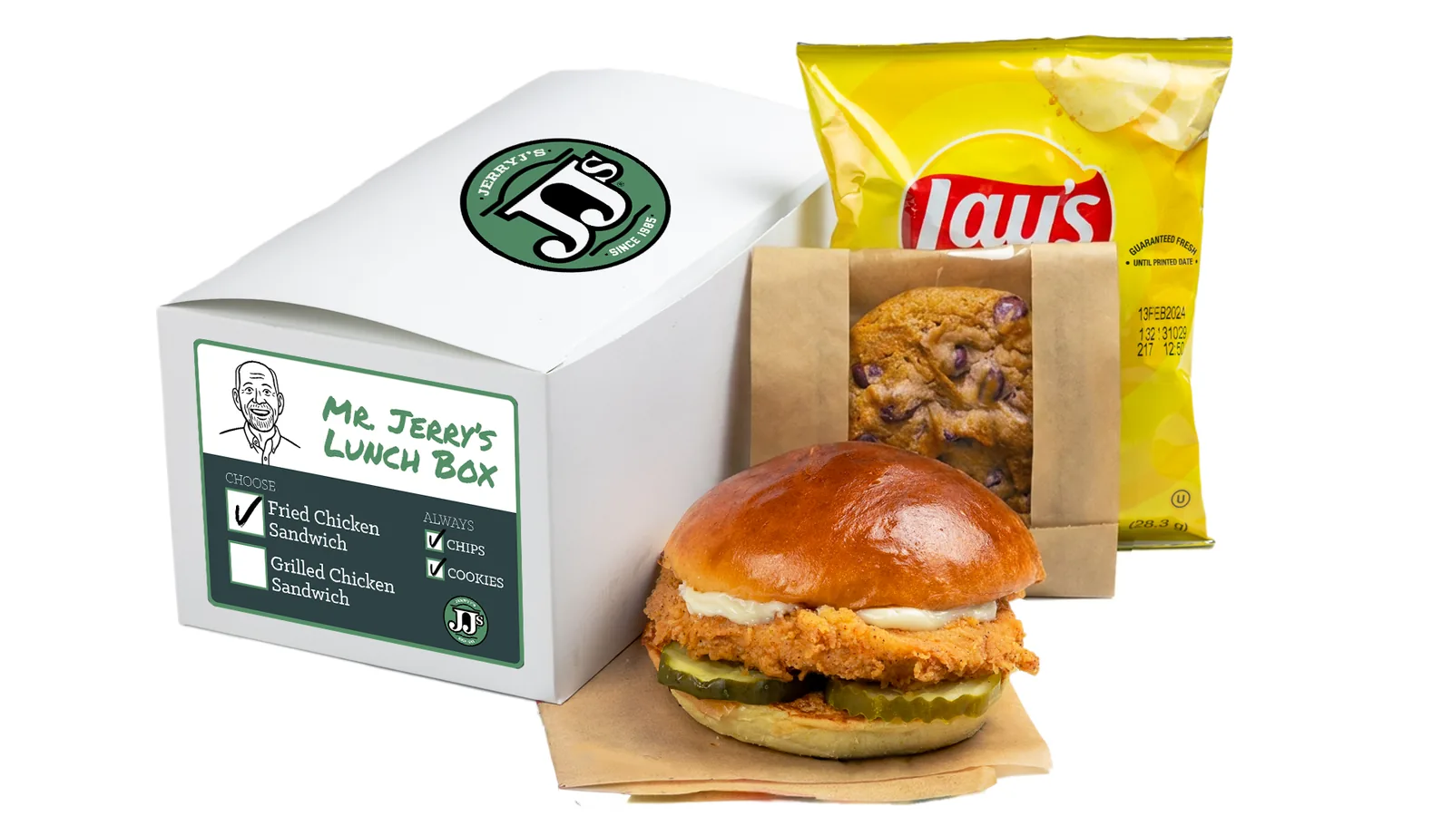 Jerry J's Mr. Jerry's Lunch Box: labeled white box, fried chicken sandwich, chips, and a sleeved cookie on white