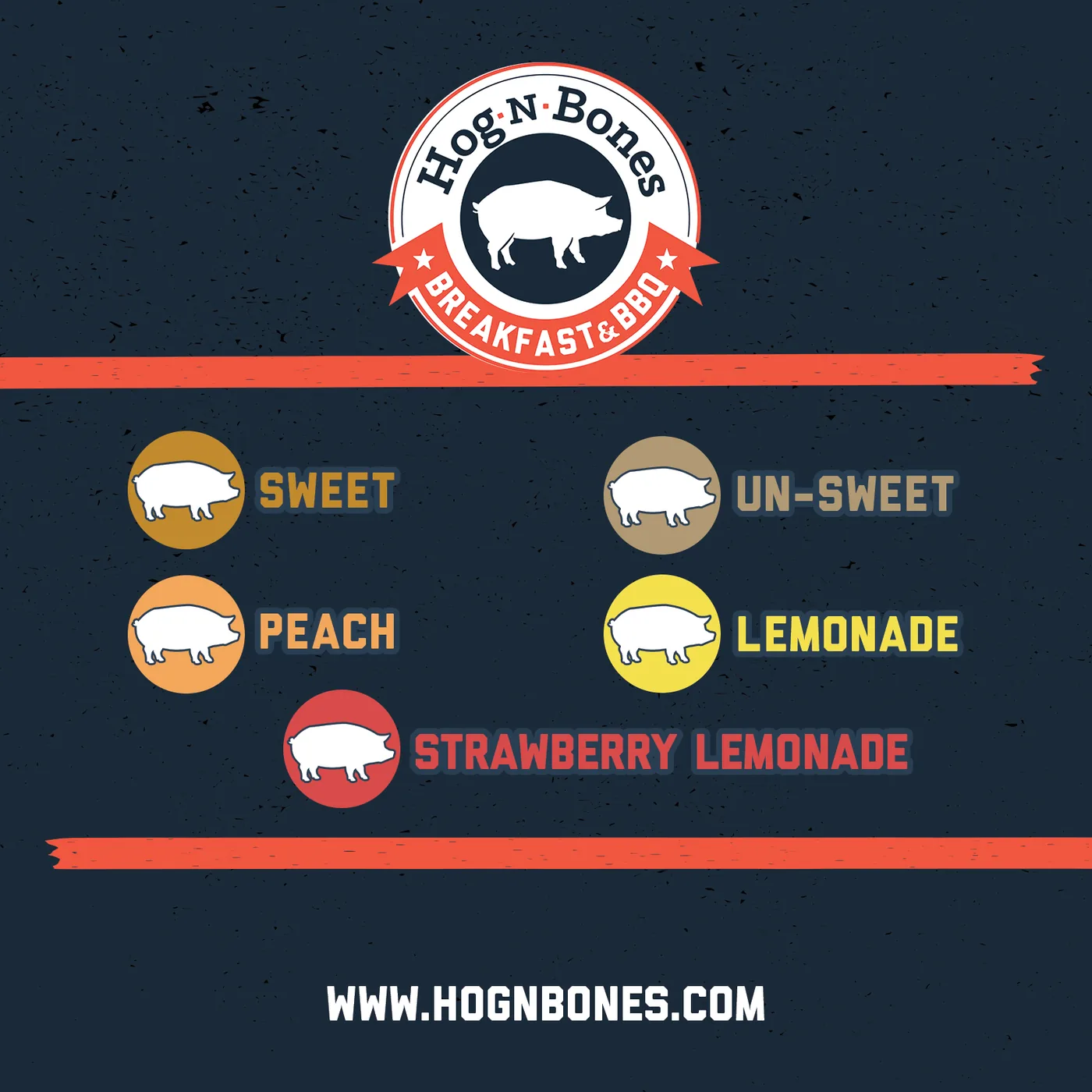 Hog-N-Bones tea and lemonade gallon labels: sweet, unsweet, peach, lemonade, strawberry lemonade, with pig icons