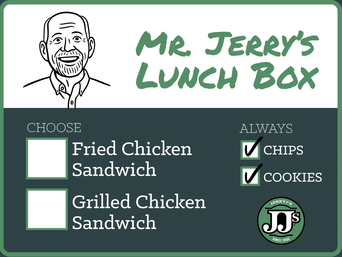 Mr. Jerry's Lunch Box label with the Mr. Jerry illustration: fried or grilled chicken sandwich, chips and cookies always