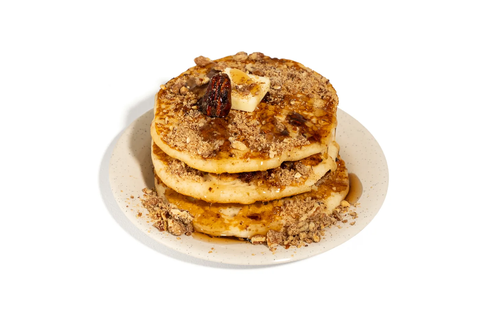 Southern Roost praline pecan pancakes on white