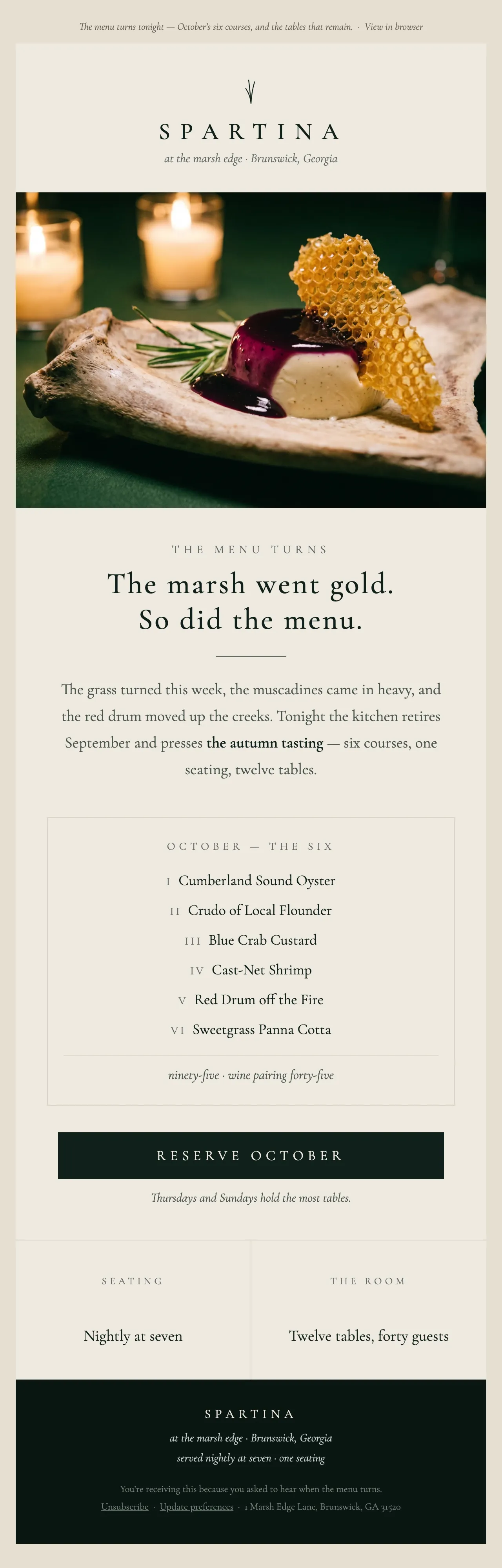 The Spartina menu-turn email design, top to bottom: grass mark, dessert hero, the marsh went gold headline, October's six courses, and Reserve October button