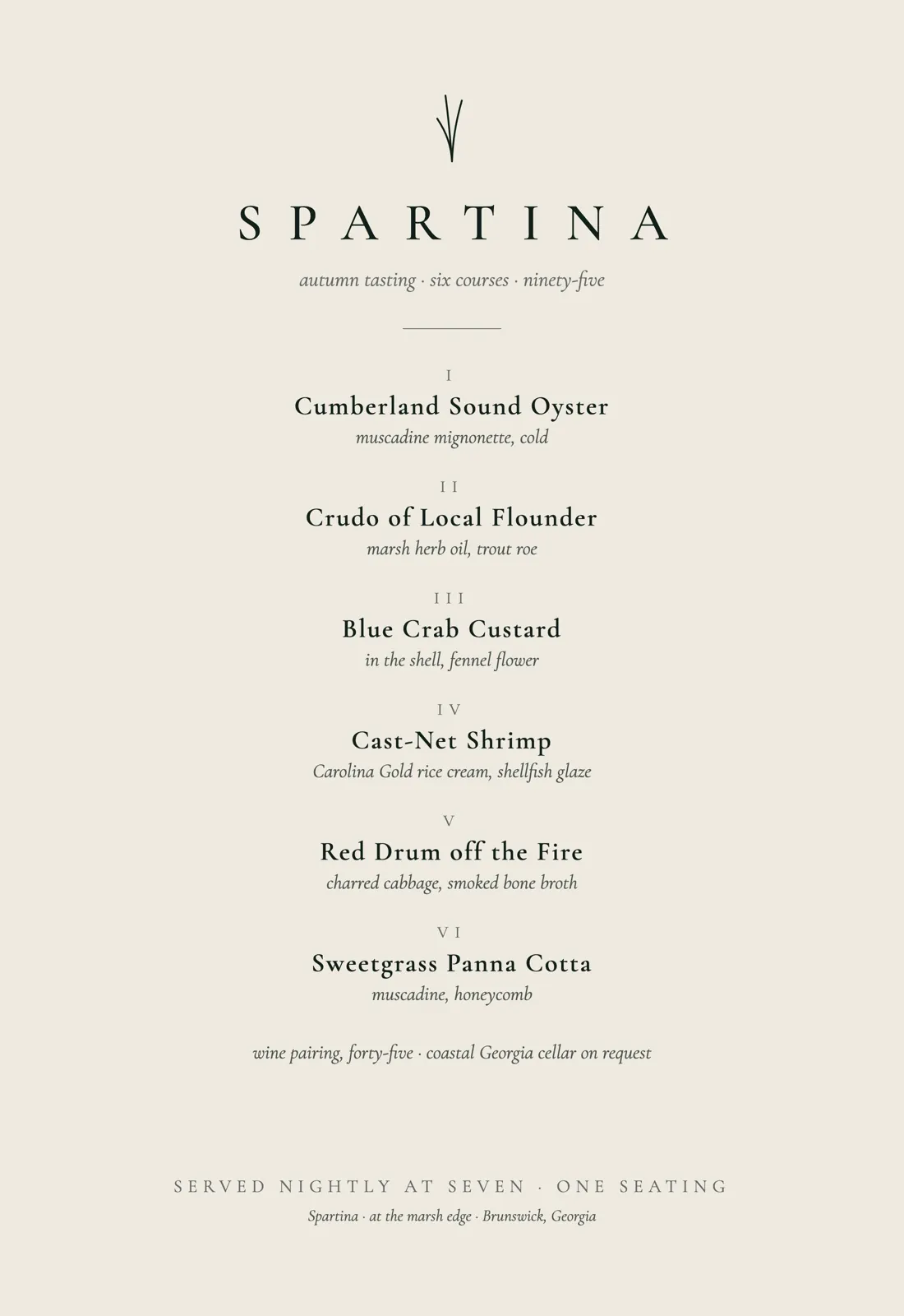 Spartina autumn tasting menu flat artwork: grass-blade mark, letter-spaced wordmark, six numbered courses on bone