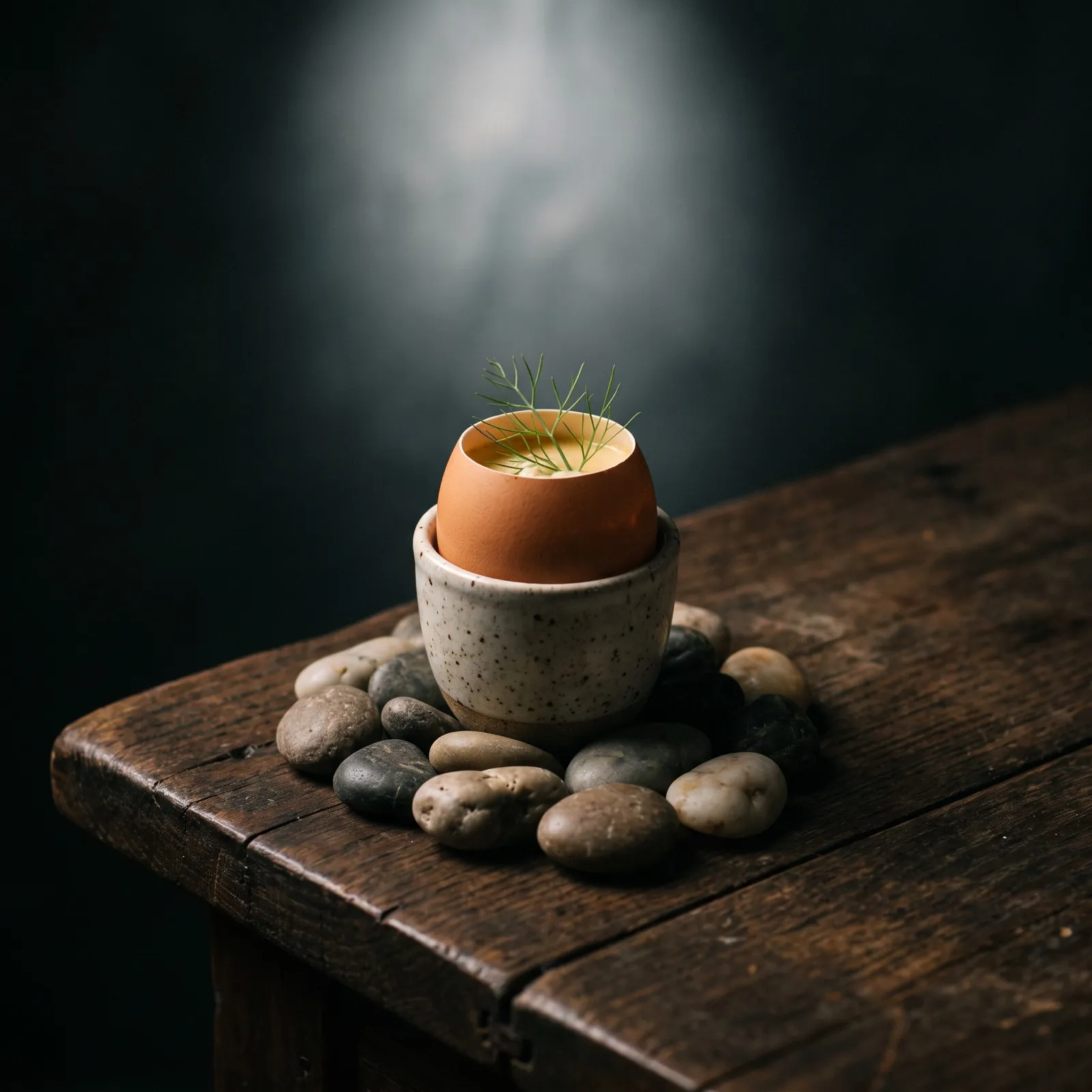 Blue crab custard served in the shell on river stones, single overhead beam