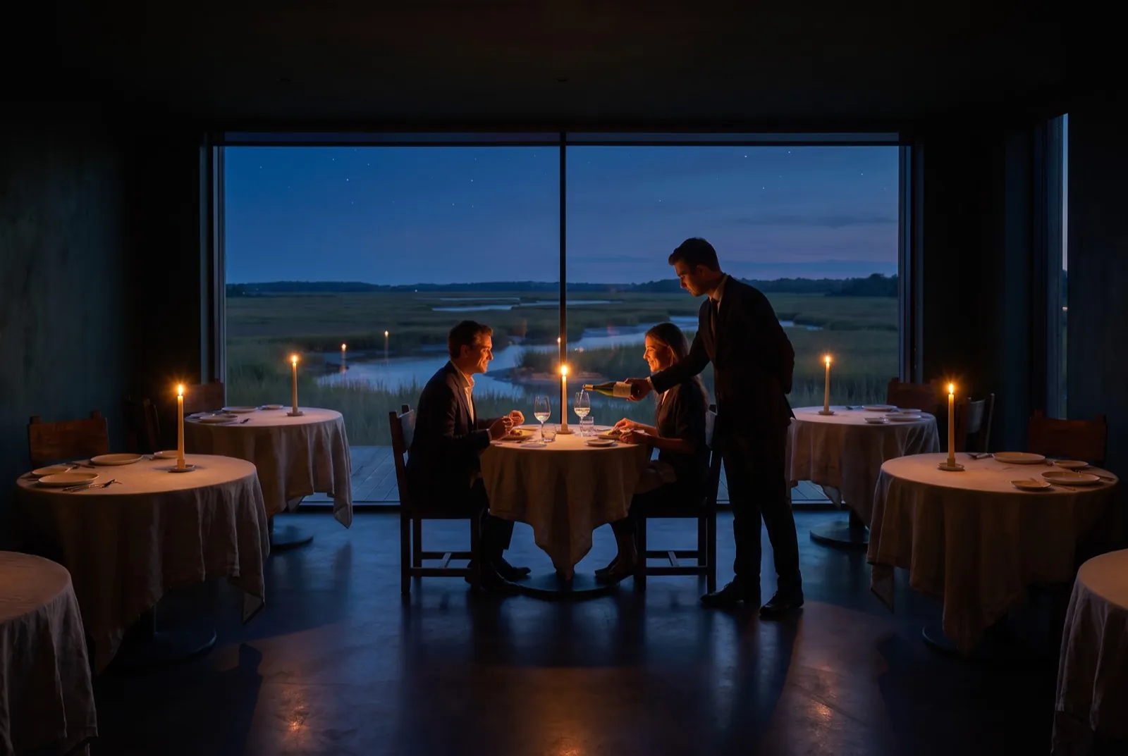 A couple served by candlelight at dusk, floor-to-ceiling windows over the darkening marsh