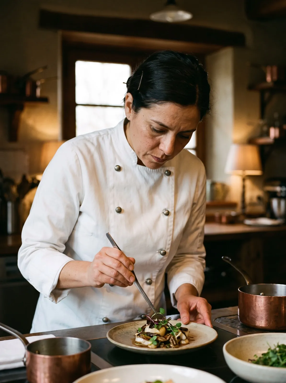 Portrait of the chef in whites plating at the copper-lined kitchen counter