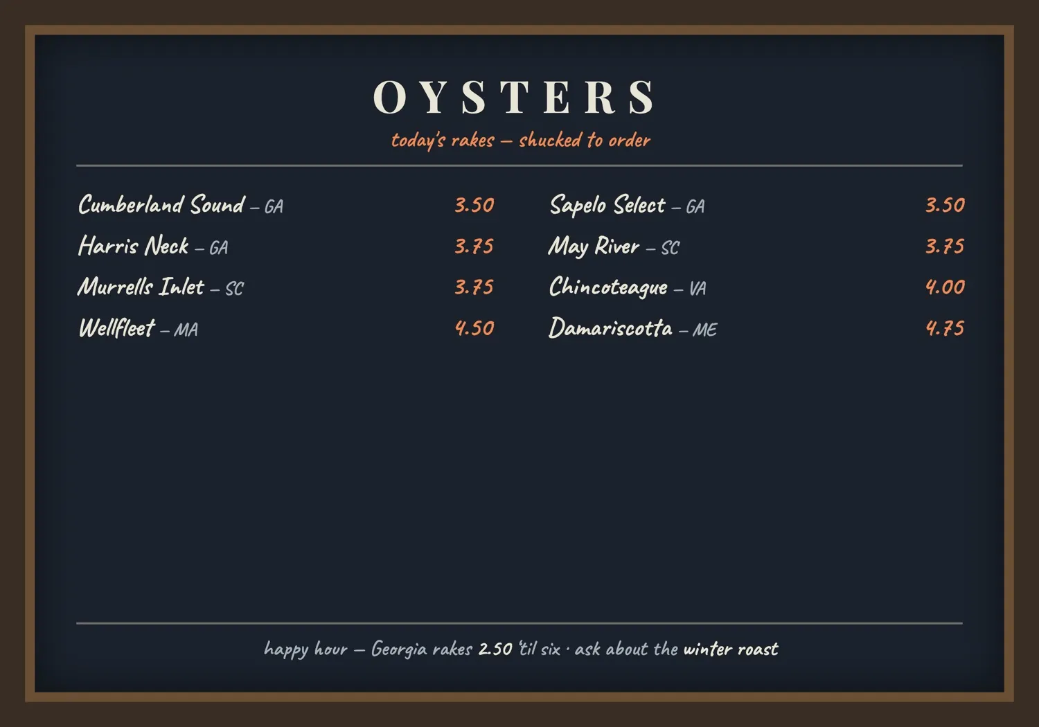 The daily oyster board artwork: chalk-style list of Georgia to Maine oysters with prices