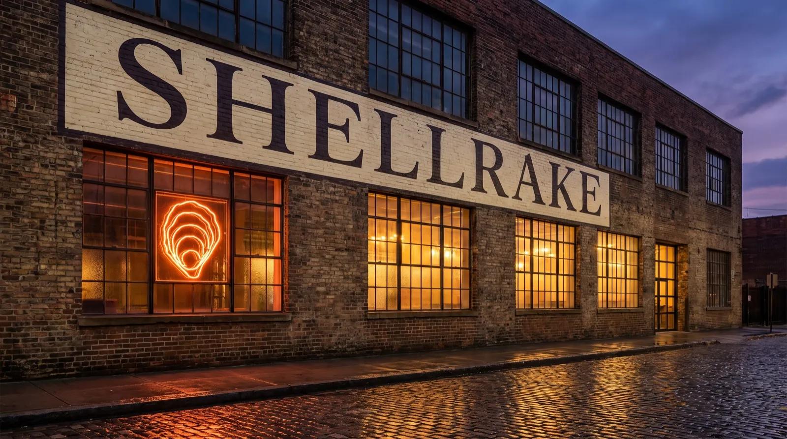 Brick warehouse at dusk with SHELLRAKE painted across the facade