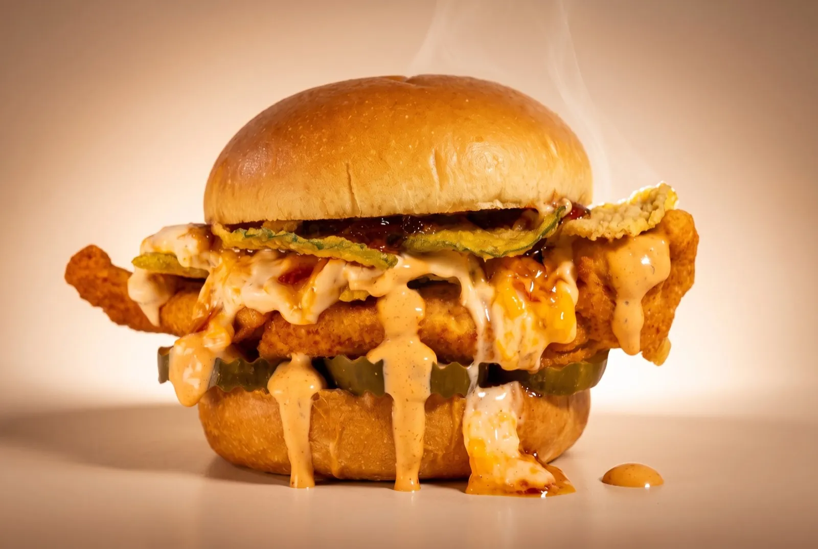 Fried chicken sandwich with pimento cheese and sauce drips, warm cinematic light